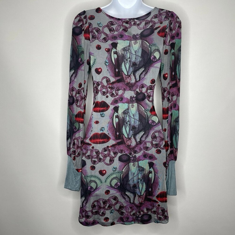 Vintage Y2K Custo Barcelona Graphic Mesh Dress Size S Gray Purple Lips Hearts - Picture 5 of 10
